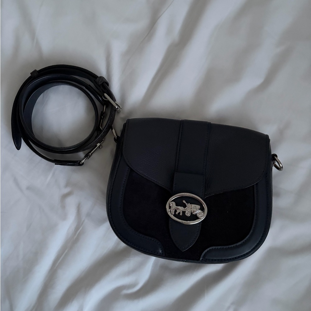 Coach Black Leather and Suede Crossbody with Silver Horse and Carriage Hardware